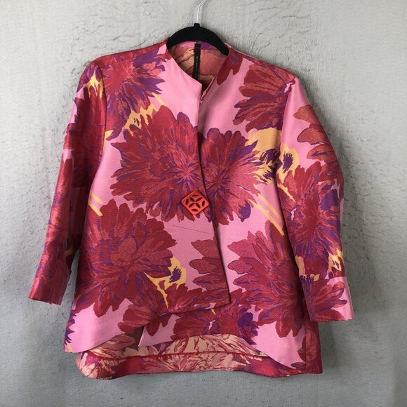 IC by Connie K Jacket Womens Medium Pink Red Floral Asymmetrical Mandarin Collar - Picture 1 of 14